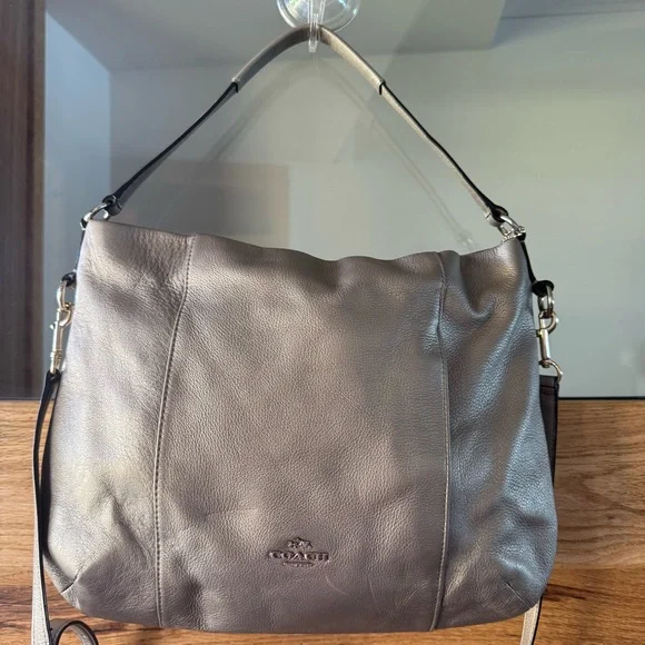 Coach Large Edie Shoulder Bag Pebble Leather Metallic Pewter Hobo Tote